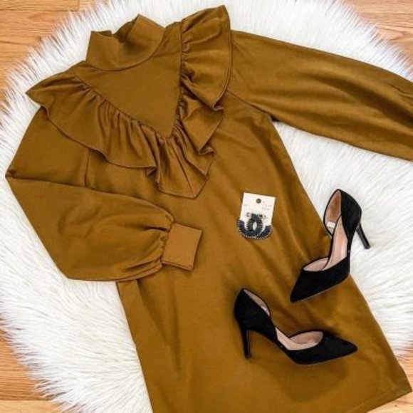 Who What Wear Medium Women's Long Sleeve Knit Ruffle Sheath Brown Mini Dress New - Picture 12 of 12
